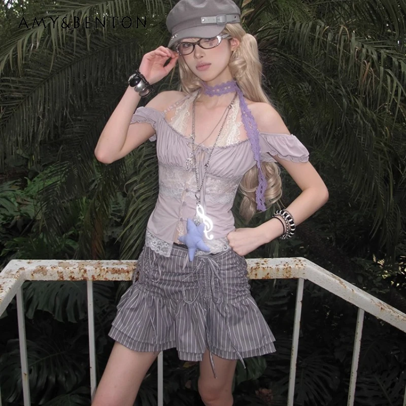 

Japanese New Gray Striped Pleated Women's Skirt Retro Summer High Waist Strap Irregular Age Reduction A-line Mini Skirts Ladies
