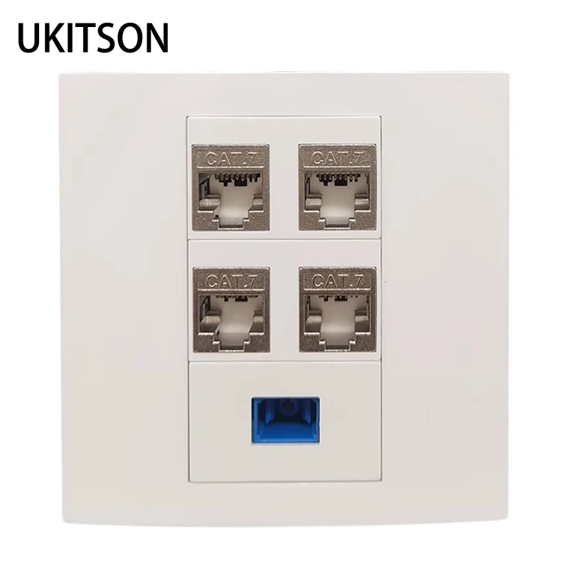 4 Ports CAT7 RJ45 Faceplate Shield CAT.7 Lan Keystone Socket SC UPC Optical Fiber Wall Panel 86x86mm For 10GB Network Connection