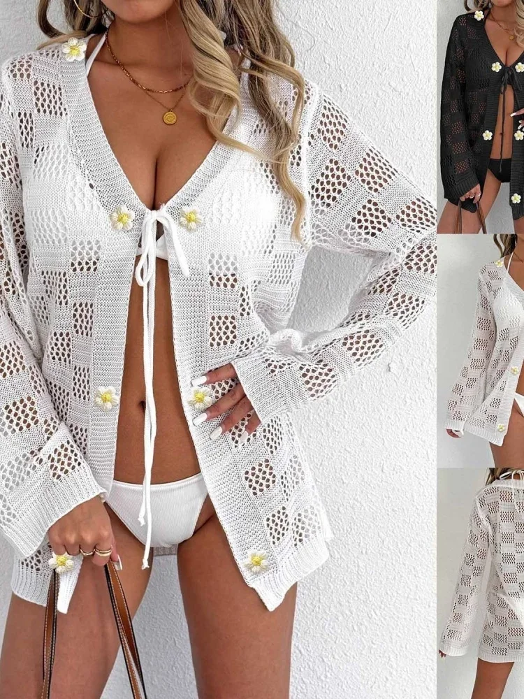Women's Cardigan European and American Women's Woven Sweater Hollow Long-sleeved Sunscreen Bikini Blouse Strap Beach Jacket