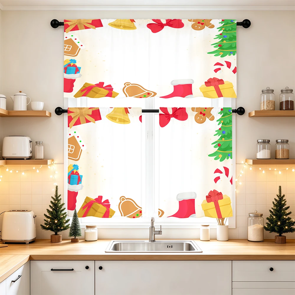 Christmas Kitchen Curtains, Gift Box Bell Corner, Digital Print, Kitchen Dining Room, Rod Pocket Polyester, Home Decor