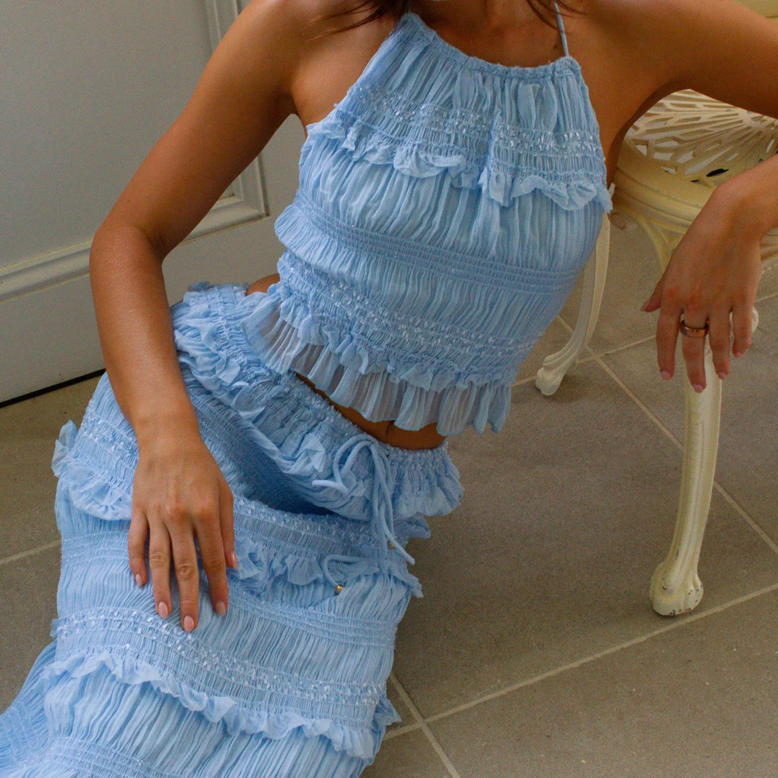 

Женский летний наряд, открытые черные топы без рукавов с завязками на шее, длинная юбка на шнурке, комплект из 2 предметов