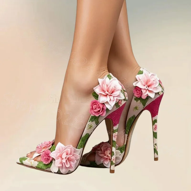 Pink Appliques Design Floral Print Open Toe Sandals Slip On Women Shoes Thin High Heels Party Banquet 2026 Zapatos Para Mujere