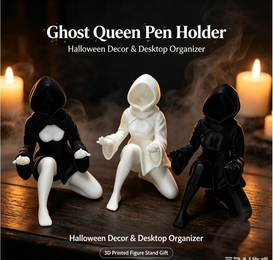 New 3D Printed Ghost Queen Pen Holder, Halloween Cosplay Desktop and Car Decor, Multi-functional Figure Stand Organizer Gift