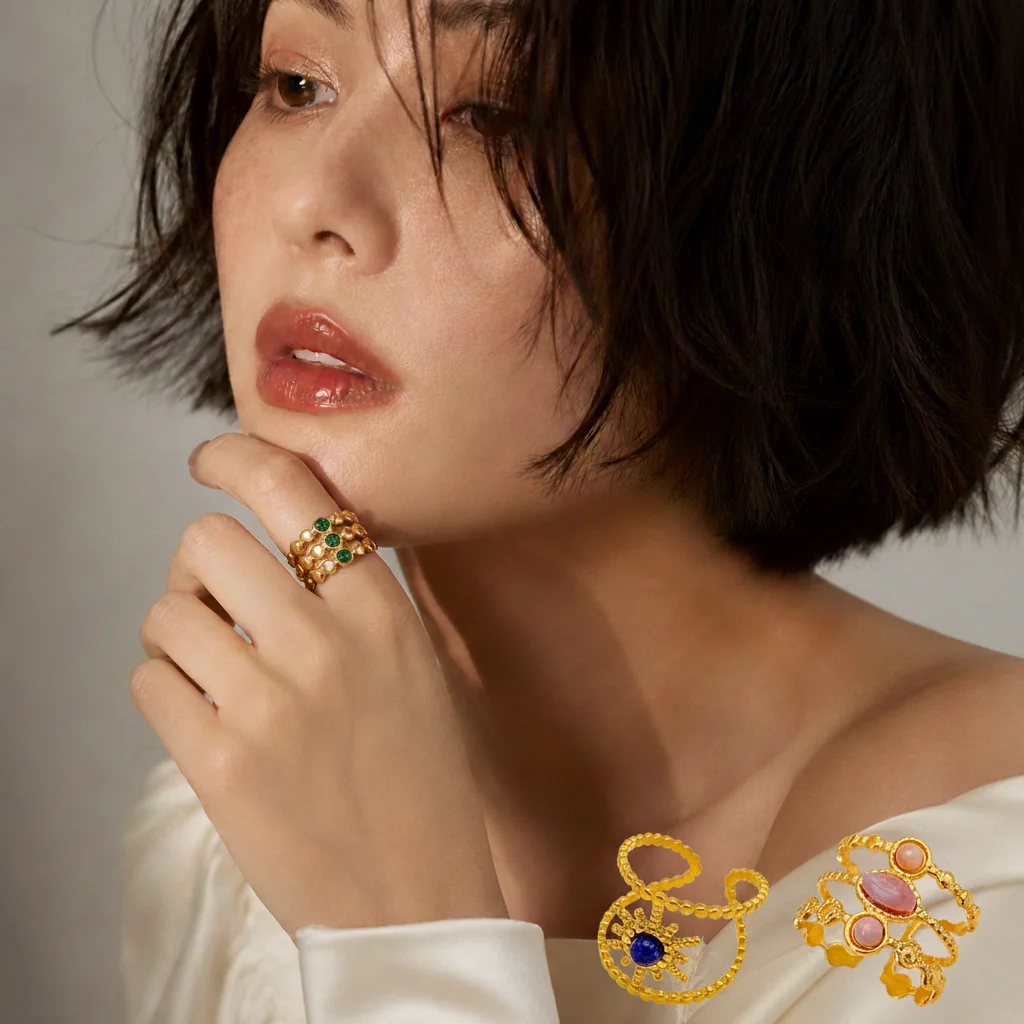 Vintage Multi Layer Stackable Rings For Women Retro Gold Color Twisted Rope Green Pink Stone Finger Jewelry Statement Party Gift