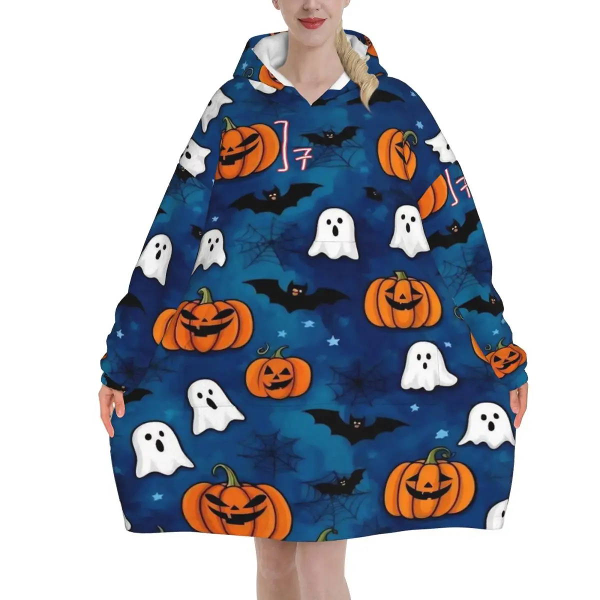 Oversized Halloween Ghost Pumpkin Spooky Trick Or Treat Witch Wearable Blanket Sweatshirt Blankets With Pocket