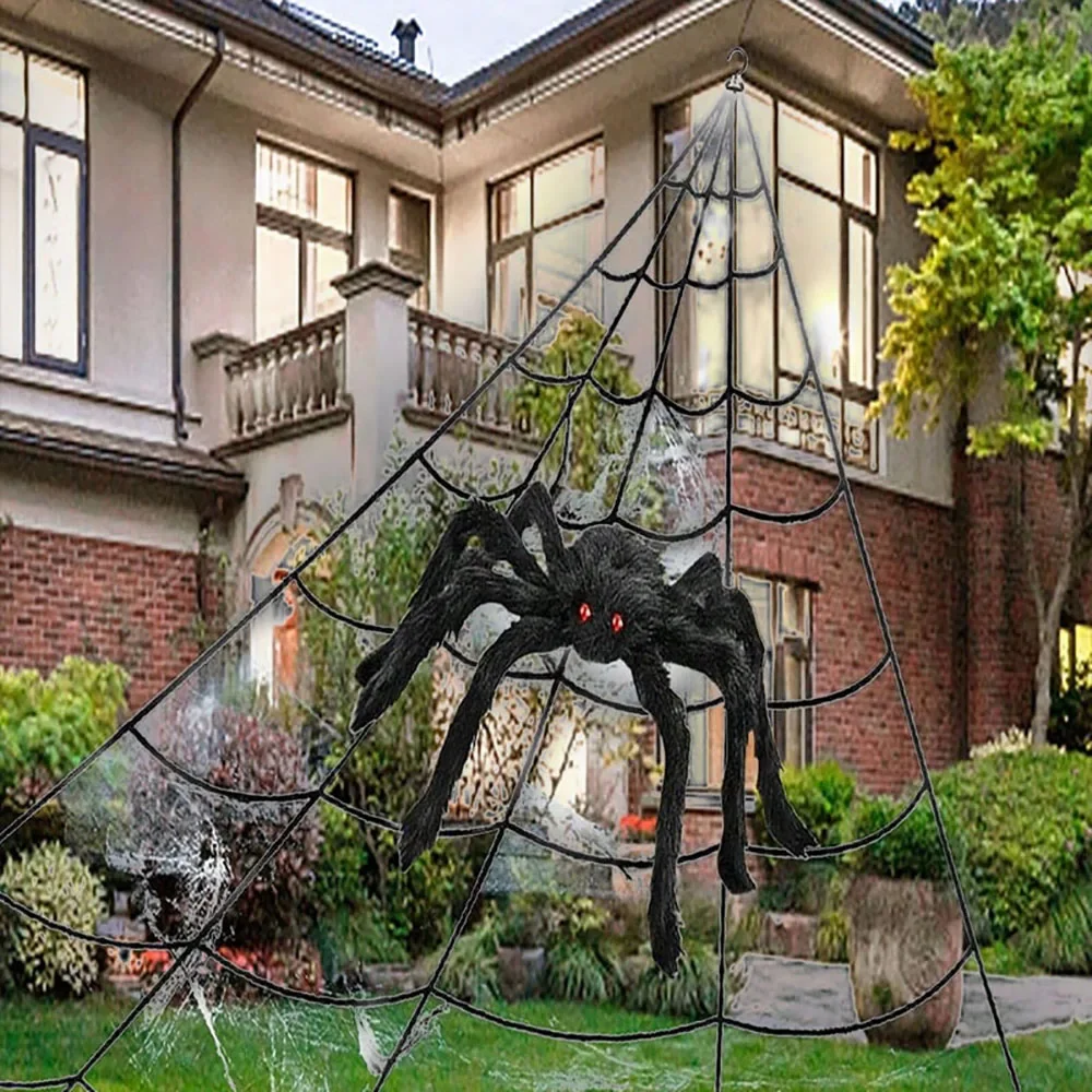 Halloween Dreieckiges Spinnennetz, 5m Großes Plüsch-Simulations-Spinnennetz, Requisiten für Spukhaus-Dekoration im Außenbereich, Halloween-Deko – Detail 1