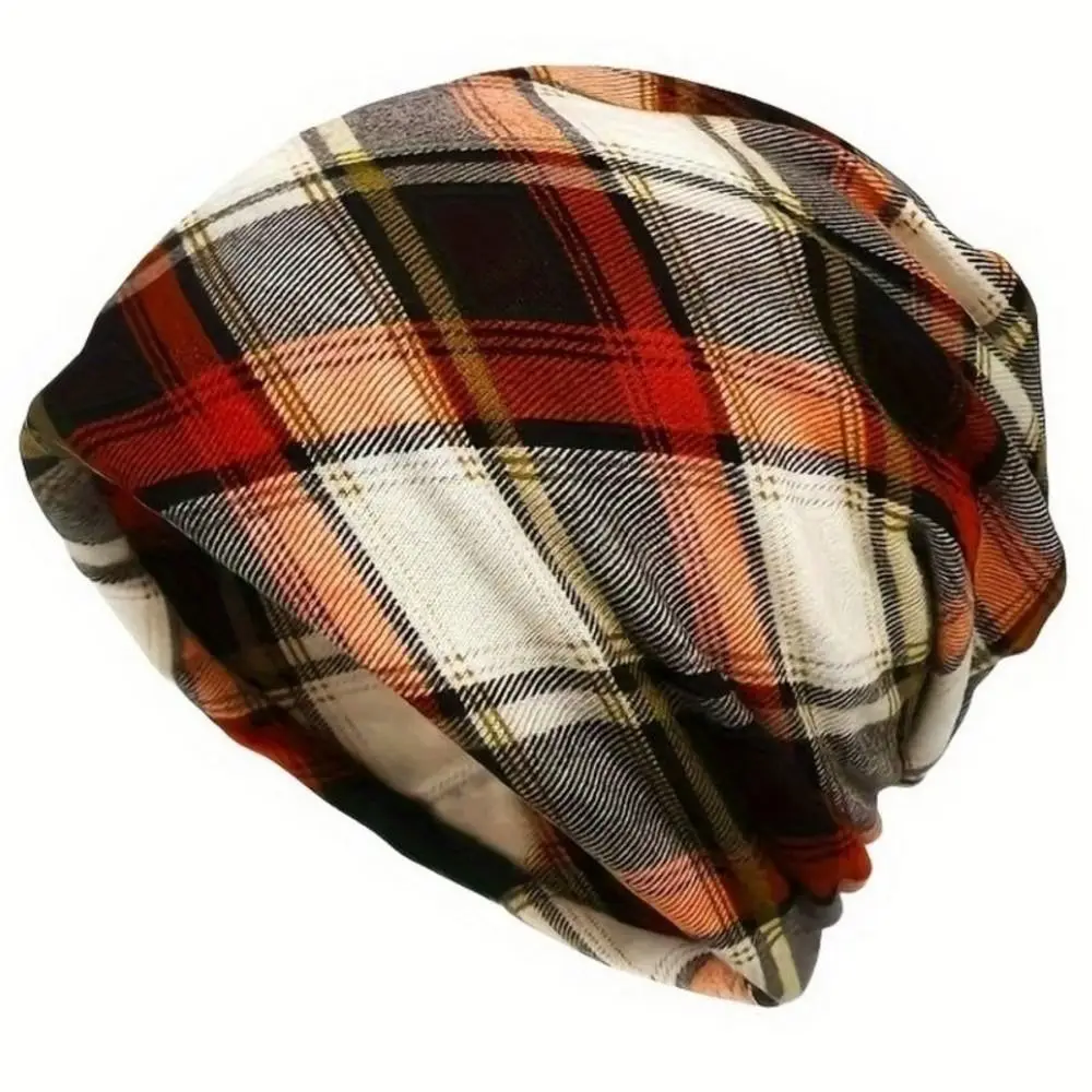 Contrasting Colors Pullover Hat Plaid Print Scarf Pullover Hat Casual Hedging Cap Multifunctional Turban Hats Autumn and Winter
