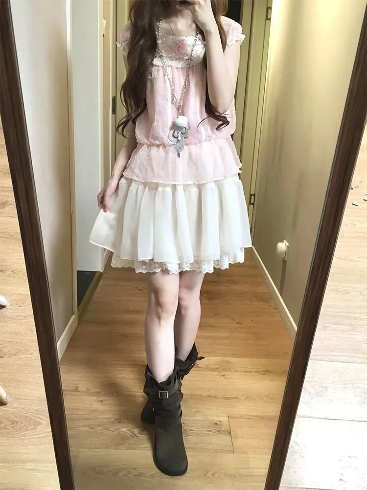 Pink ort Sve Set for Young Women Summer 2025 New Sle  Dr And Top Two-Piece Suit Polyester Fiber round Ne Design