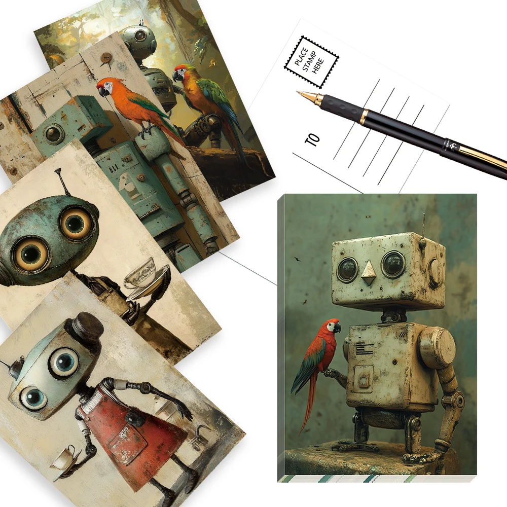 32pcs Vintage Steampunk Postcards, Robot Theme, Indoor Bedroom Decor,Wall Stickers,Message Cards, Greeting Cards, Memorial Cards