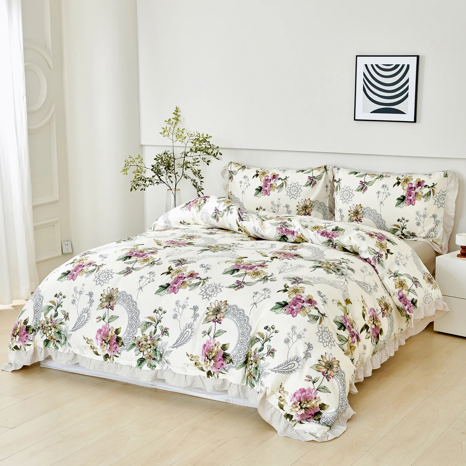 Floral Ruffled Bedding Set Frill Pink Botanical Bedding Set Vintage Rustic Duvet Cover Set Microfiber Breathable Bedding Set