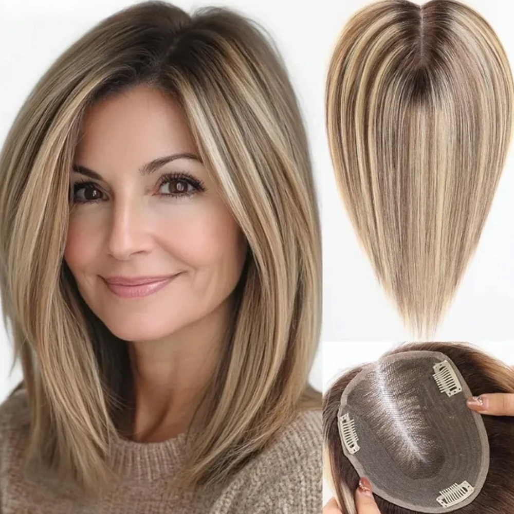 Brown Mixed Blonde 100% Remy Human Hair Toppers Middle Part 5x6inch Swiss Base Natural Hair Topper for Women with Thinning Hair