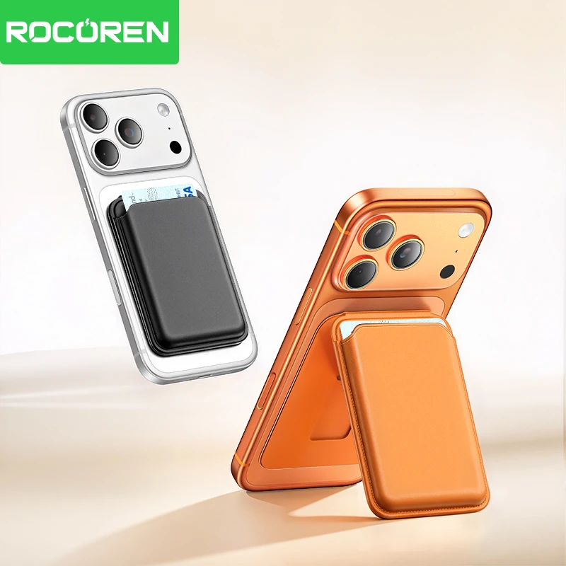 

Rocoren Magnetic Phone Holder Orange Leather Stand Protective Cover Double Layer Card for IPhone 17 16 Pro Max Mobilephone Case