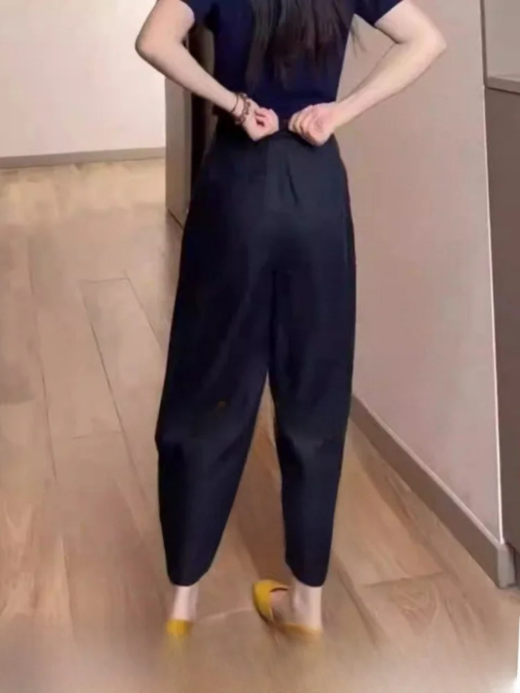 

High Waist Nine Points Elastic Thin Women's Linen Curved Knife Pants Comfortable Casual Straight Leg Trousers for Commuting