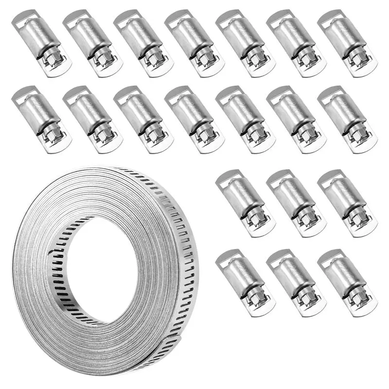 

AEE6-зажимы для шлангов, металлический ремешок 20 футов + 20 крепежных зажимов, зажимы для ленты из нержавеющей стали «сделай сам», регулируемый большой червь