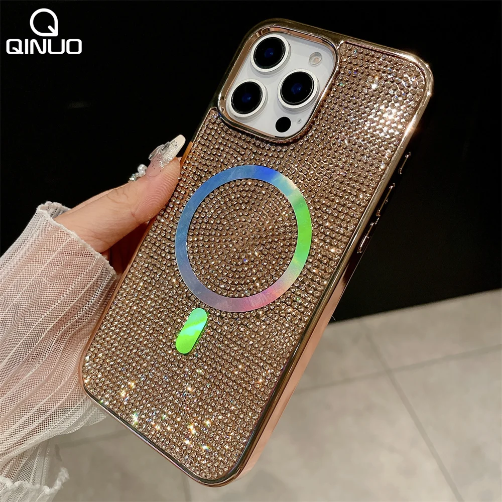 Fashion Diamond For Magsafe Case For iPhone 16 15 14 Plus 13 12 11 Pro Max Bling Shinny Electroplate Magnetic Shockproof Cover