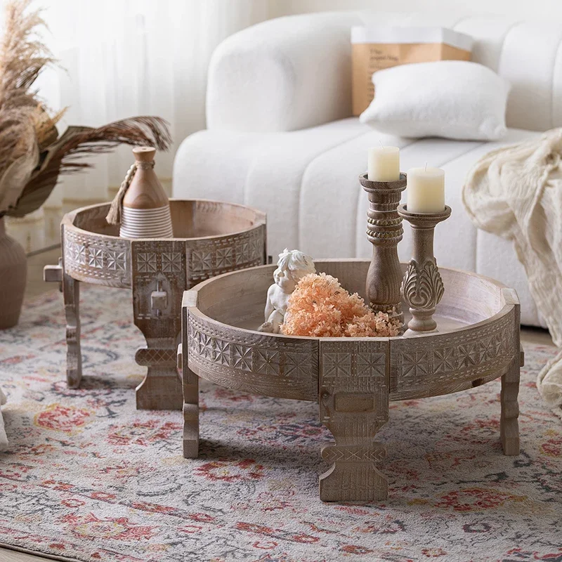 Hand-Carved Solid Wood Coffee Table Distressed Vintage Side Table with Floral Patterns, Compact Sofa End Table for Living Room