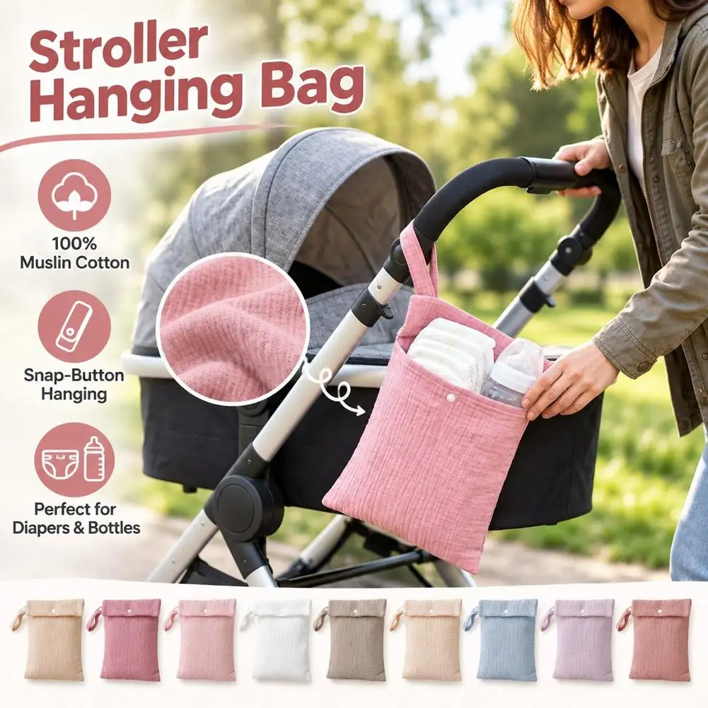 100% Cotton Baby Diaper Storage Bag Portable Stroller Hanging Pouch Snap Button Mommy Bag for Nappies Bottle Wipes Pacifier