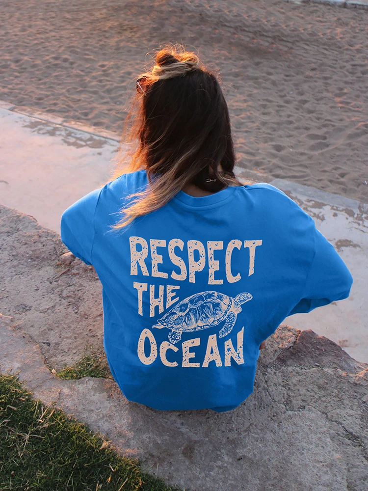 Respect The Ocean Sea Turtle Womans Cotton T-Shirts Vintage Casual Tee Clothes Personality Street O-Neck Tops Women Short Sleeve