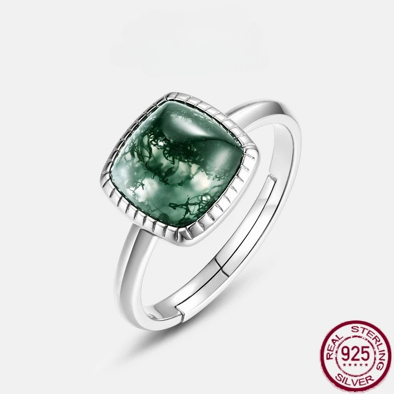 

Новый S925 чистый серебряный башня из натуральной водной травы агата с зеленым моховым камнем кольцо на палец простые свадебные украшения