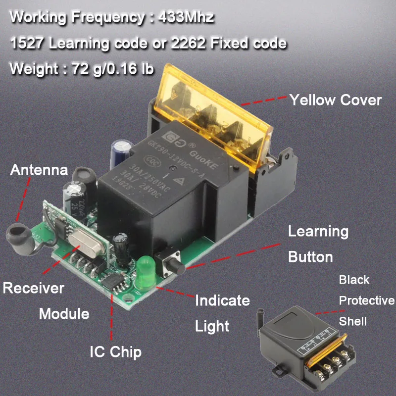 Commutateur à télécommande sans fil de puissance élevée de 433Mhz AC75-220V 30A 1000M pour le bureau de ferme d'usine a accédé au plafonnier de pompe de fan