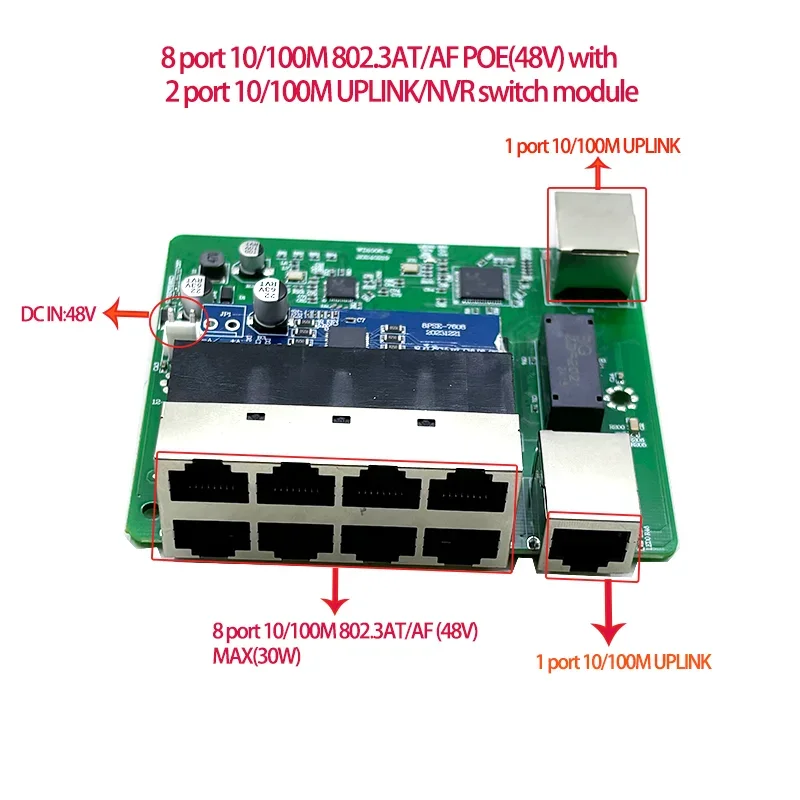 Interruptor industrial do protocolo padrão, POE OUT, 48V, 100 Mbps, 8 portas, POE com 2 Uplink, NVR, 802.3AF, AT