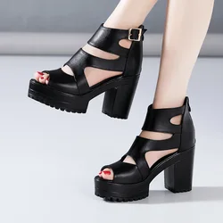 Elegant Block High Heels Sandals Soft Leather Shoes Summer 2025 Thick Platform Open toe Sandals Women Office Model Big Size32-43