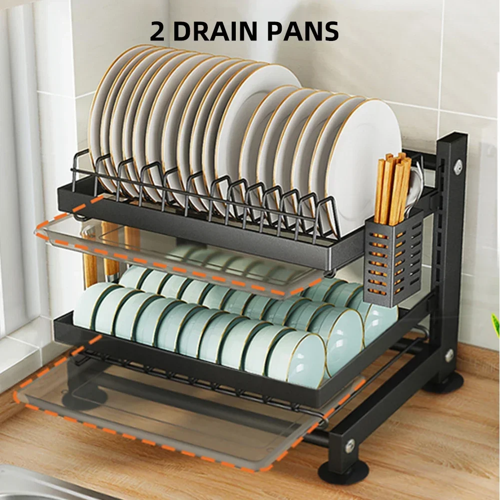 Height Adjustable Dish Drainer 2 Tier Large Dish Drying Rack with 2 Drainboards for Kitchen Counter Sink Organizer