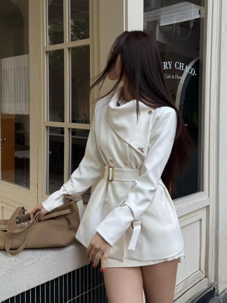 

Осенний корейский модный элегантный офисный пиджак, женское платье Y2k, двубортное пальто с поясом, женская шикарная корейская популярная одежда