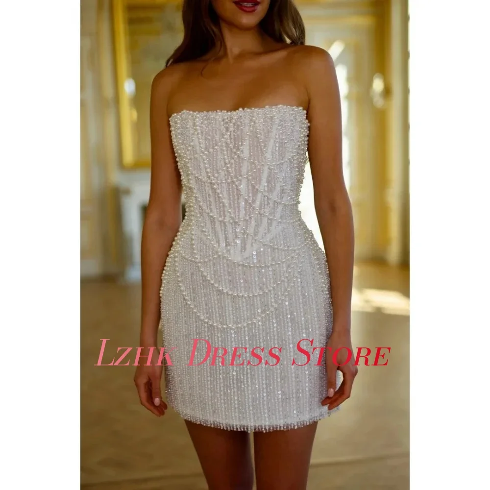 فستان سهرة مستقيم مطرز باللؤلؤ الفاخر مخصص بدون أكمام بدون حمالات فستان سهرة نسائي