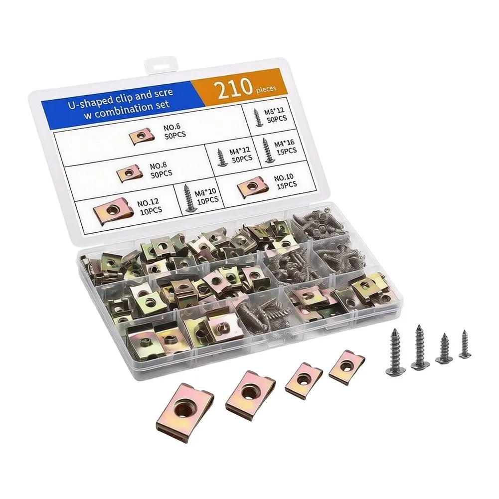 210pcs Automotive U Clips and Screws Set Zinc Plated Metal Fasteners NO.6 NO.8 NO.10 M3x12 for Car Panel Fixing
