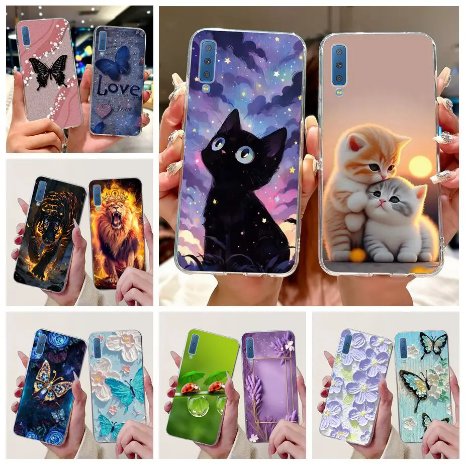 For Samsung Galaxy A7 2018 Case SM-A750F Cute Cat Fashion Painted Cover Soft Slim Phone Case For Samsung A7 2018 Back Cover Bags