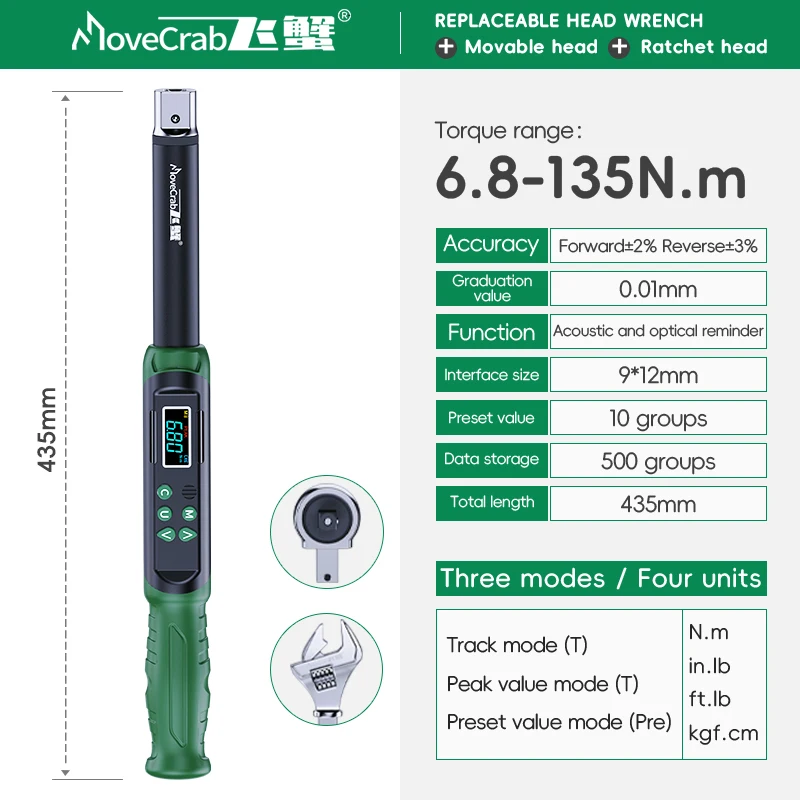 MoveCrab Digitale momentsleutel met verwisselbare koppen Precisie-instelbaar 6,8-135 Nm (5-99,6 ft.lb) Ratel- en open-eindkoppen voor HVAC/AC-installatie