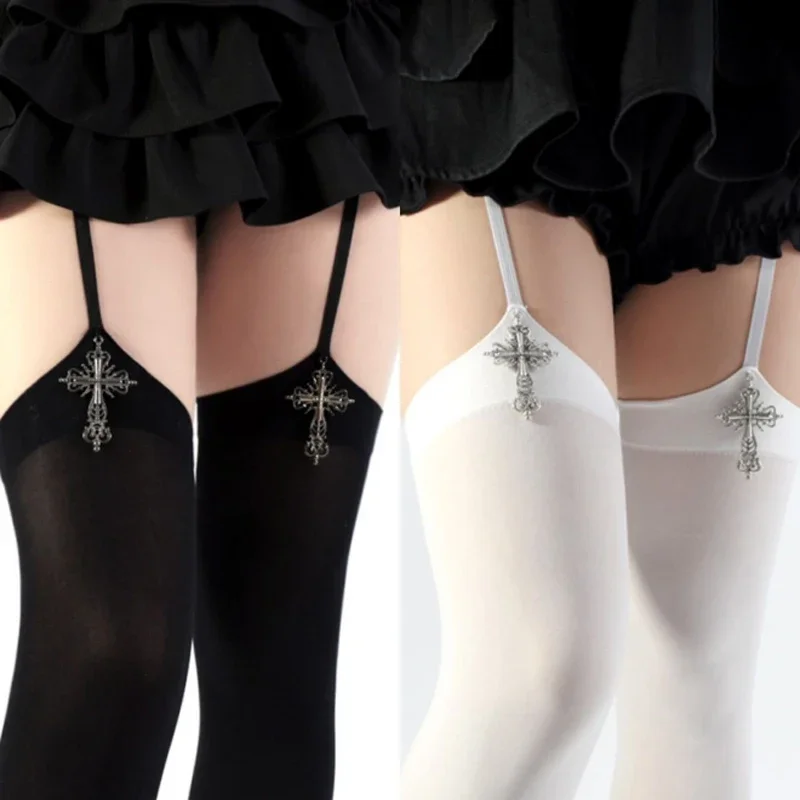 Y2k Gothic Kreuz Strümpfe Frauen Strumpf Oberschenkel Hohe Socken Über Knie Schwarz Weiß Einfarbig Strumpfwaren Sexy Gürtel Lolita Strumpfhosen