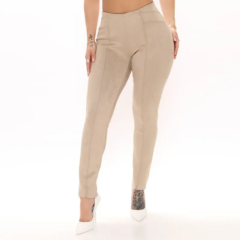 

Stretch High Waist Suede Leather Pencil Pants Women Sexy Bodycon Trousers Office Ladies Vintage Slim Leggings Autumn New Custom