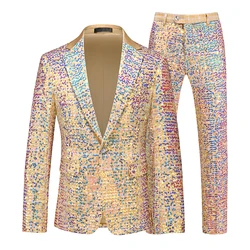 New Men Luxury Gold Sequin Suit 2Piece Large Size XXL Fashion Host Singer Bar KTV Stage Performance Tuxedo Dress Jacket and Pant