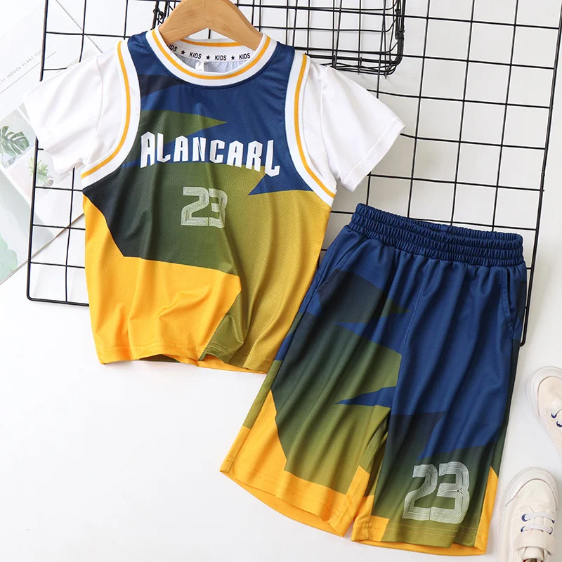 Outdoor Quick-Dry Kids Top Summer T-Shirt + Shorts Letter Print Moisture Wicking Baby Boys 2-Pieces Workout Sets 3-14 Years