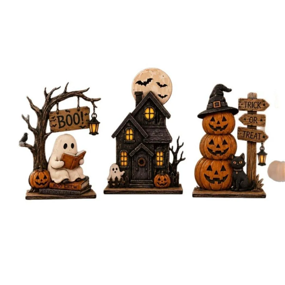 2D Vintage Halloween Holz-Tischdekoration mit lebenden Geistern, Geisterbahn, gestapelten Kürbisfiguren, festliche Tischdekoration für Partys – Detail 7