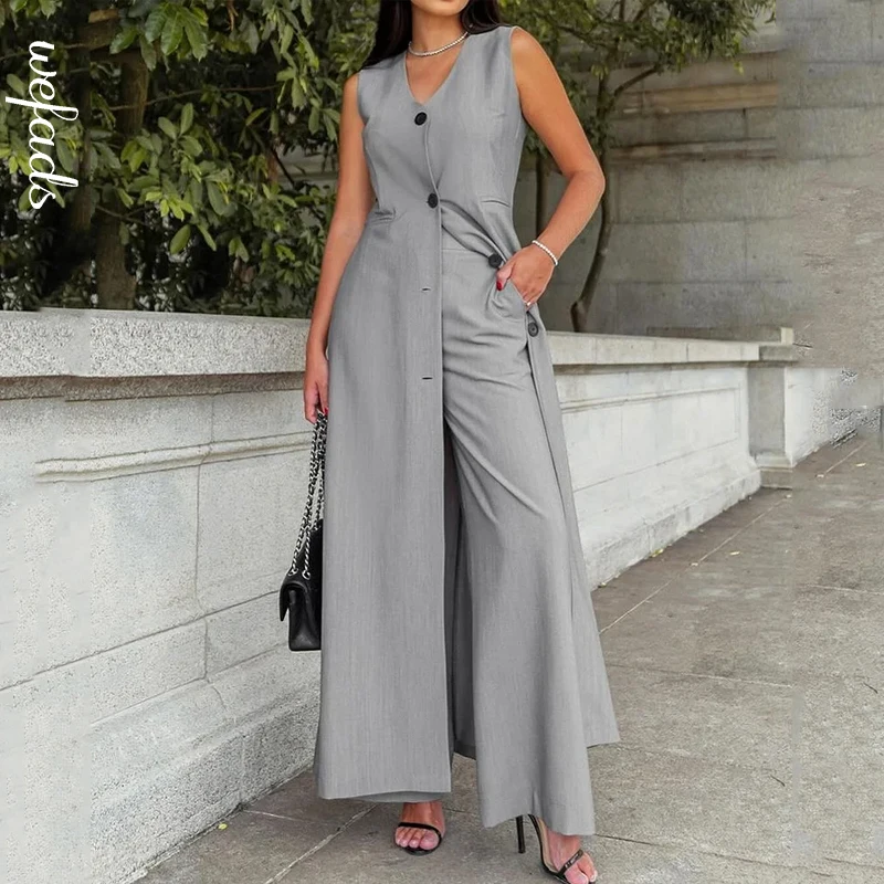 Wefads Office Women Summer Casual Chic Sleeveless V Neck Single Breasted Button Solid Long Top Loose Wide Legs Pants Sets