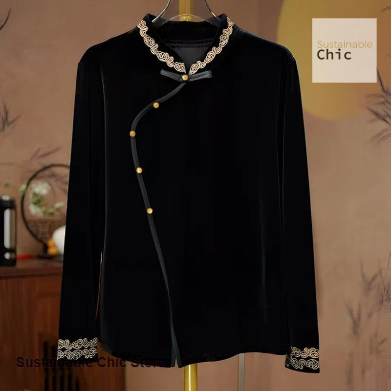 

New Chinese-style long-sleeved new women's bottoming shirt diagonal top women's spring and autumn fashion retro mom style top