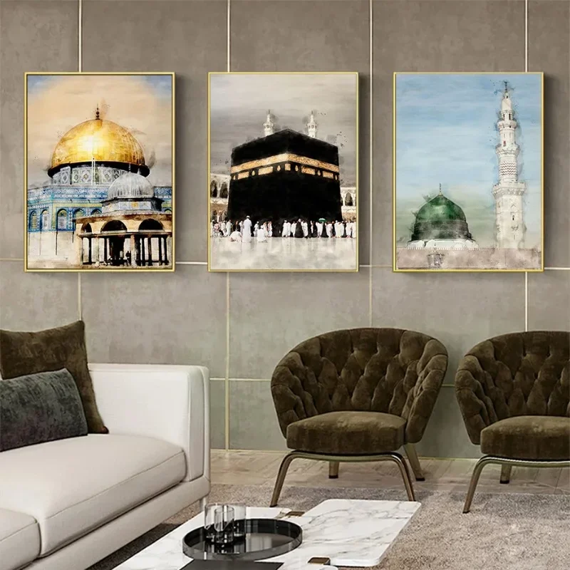 Multiple sizes 1pc frameless Canvas Painting,1pc frameless Canvas Painting Islamic Masjid Mosque Allah Mecca Medina Kaaba Sacred
