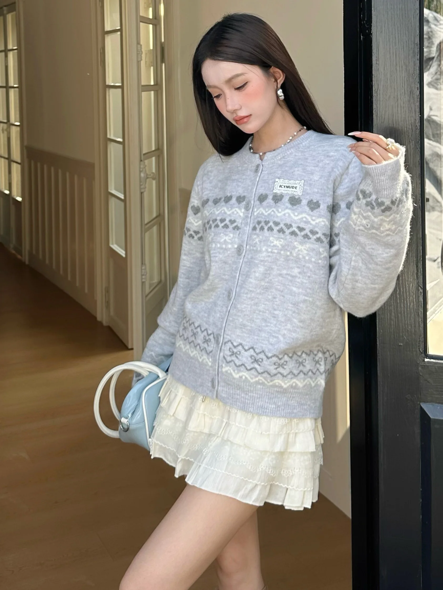 

IcyNude Blue ey Knitted Open Cardigan Women's Loose Slimming Versatile Sli Top Autumn Winter New Sle Casual Sle