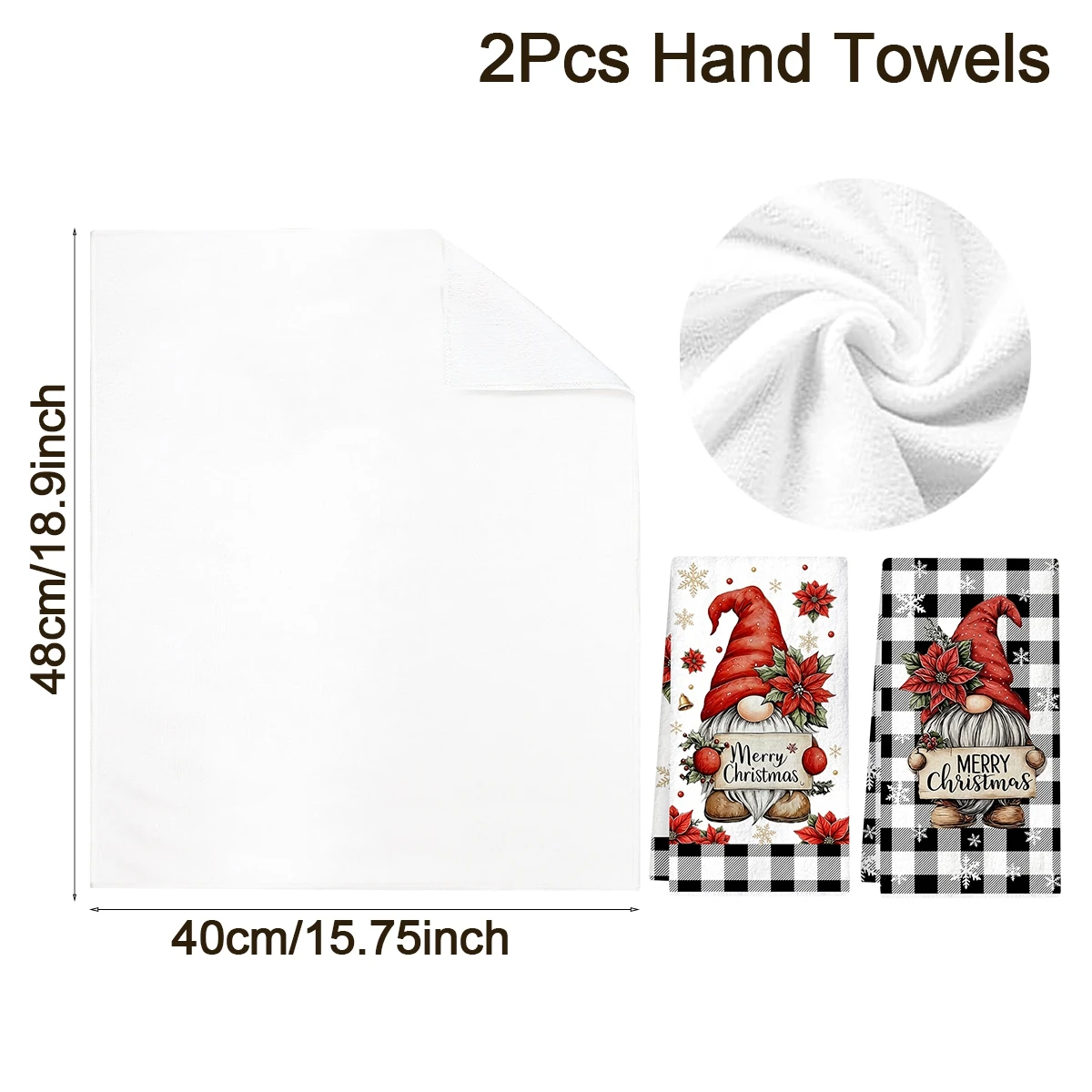 2pcs Christmas Kitchen Towels Buffalo Plaid Gnome Print Polyester Hand Towels for Winter Xmas Kitchen Bathroom Decor 40*48cm