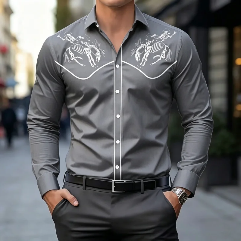 2027 New Men Western Cowboy Skeleton Horse Print Long Sleeve Shirts Retro Contrast White Piping Button Down Shirt Fashion Gothic