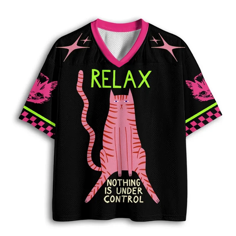 Funny Pink Cat 'RELAX' T-Shirt Harajuku Hip-Hop Aesthetic Street Fashion Parent-Child Jersey Top for Casual Fitness
