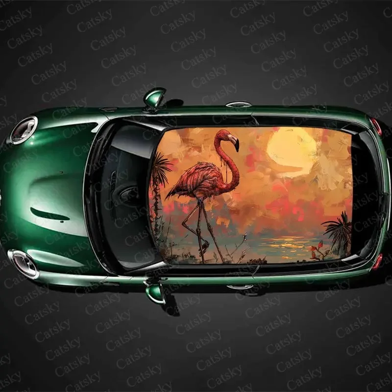 

Animal Pink Flamingos Sunset Print Car Roof Sticker Wrap Racing SUV Auto Accessories Packaging PVC Car Hood Graphic Decal Decor