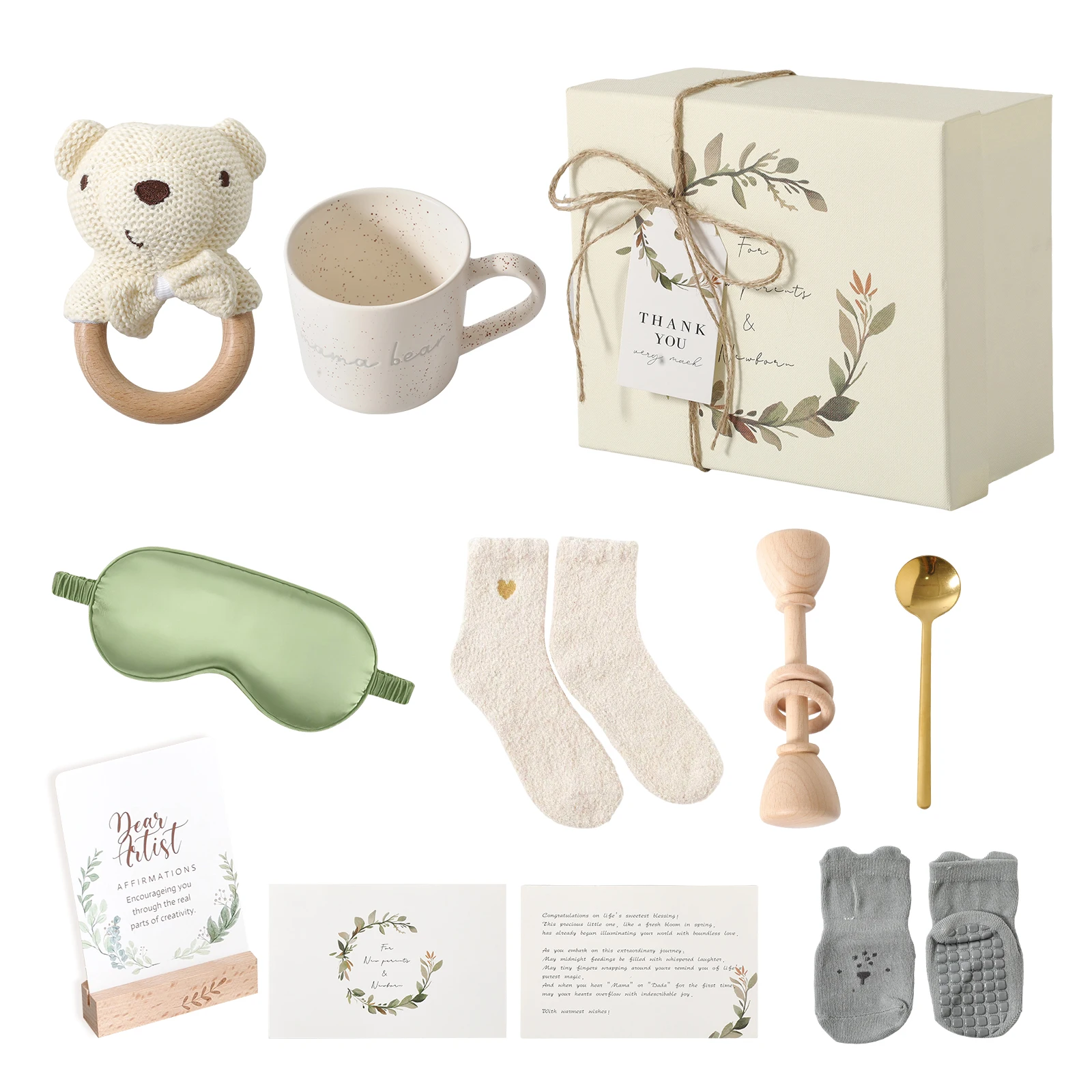 

Baby Gift Sets for Newborn -9Pcs Walking Socks,Eye Mask,Animal Crochet Bells,water cup with a spoon-Girls Boys Baby Essentials