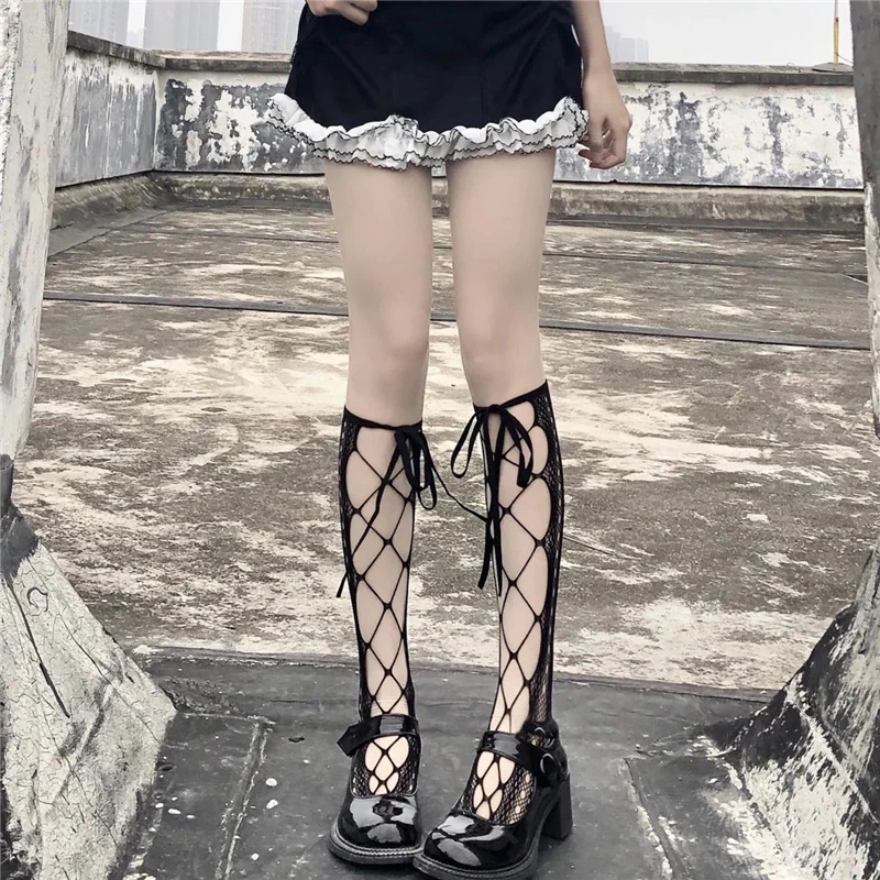 Lolita Hollow Knee High Socks Gothic Stockings Long Socks Lolita JK Girls Lace Black Mesh Calf Socks Woman Bandage Knee JK Socks