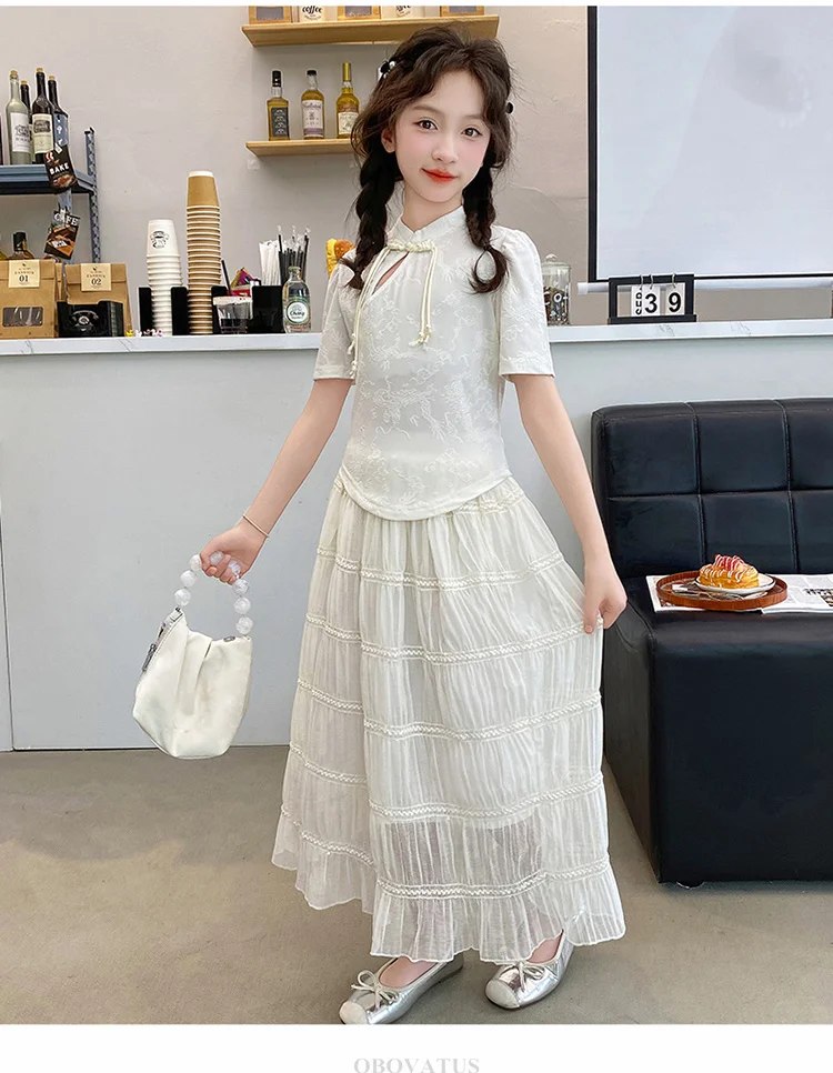 Langer weißer Spitzenrock für Mädchen, Teenager-Sommer-Tierock, Kinderkleidung mit hoher Taille, einfarbige Sommeroutfits für Kinder 5 7 9 13 14 – Detail 5