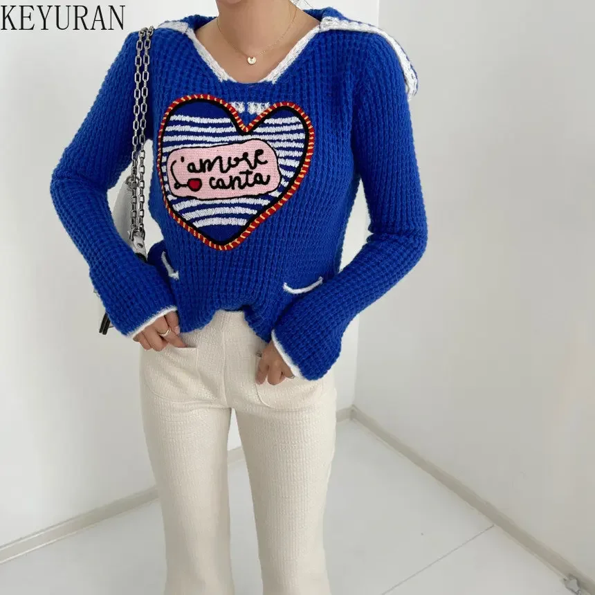 2024 Autumn Winter Sailor Collar Pullover Sweater Women Korean Fashion Long Sleeve Love Striped Knitted Sweaters Woman Jumper