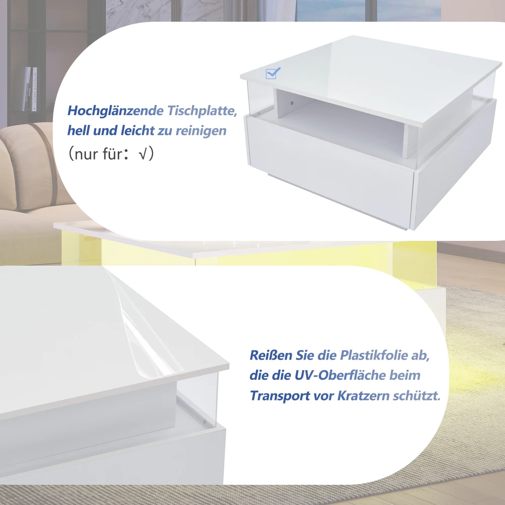 70 x 70 x 41 cm großer moderner Hochglanz-LED-Couchtisch mit 2 Schubladen und transparentem Präsentationsbereich, belastbar bis zu 30 kg – Detail 37